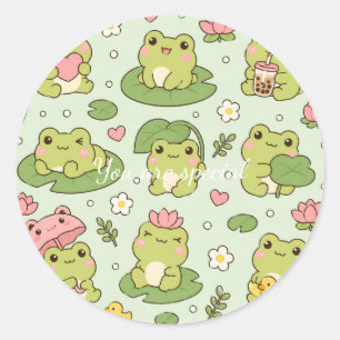 Cute Kawaii Frog Lily Pad Pattern   Pastel Pond Ae Classic Round Sticker