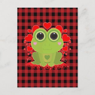 Cute Kawaii Frog With Hearts on Black Red Gingham  Postcard