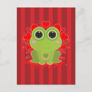Cute Kawaii Frog With Hearts on Red Striped Postcard