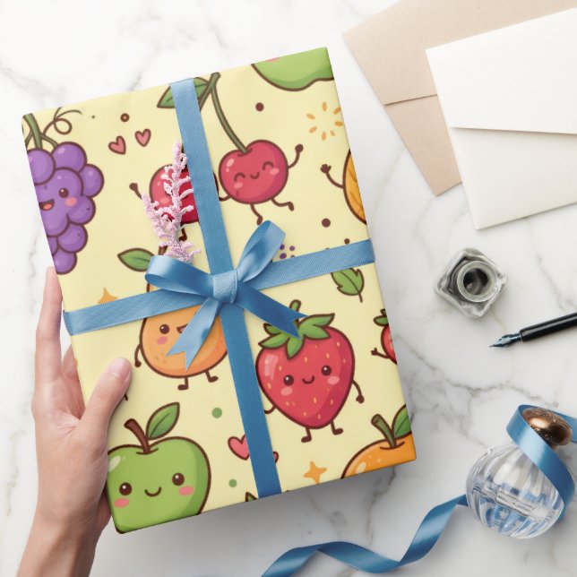 Cute Kawaii Fruit Friends Pattern Wrapping Paper (Gifting)