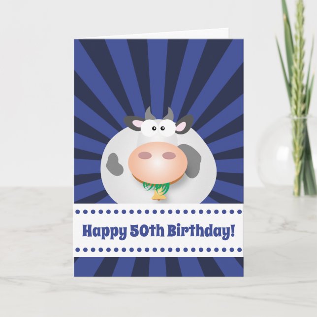 Cute Kawaii Funny Cartoon Cow Happy 50th Birthday Card (Front)