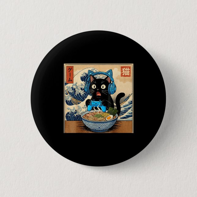 Cute Kawaii Gamer Cat Funny Ramen Japanese Cat Gam 2 Inch Round Button (Front)