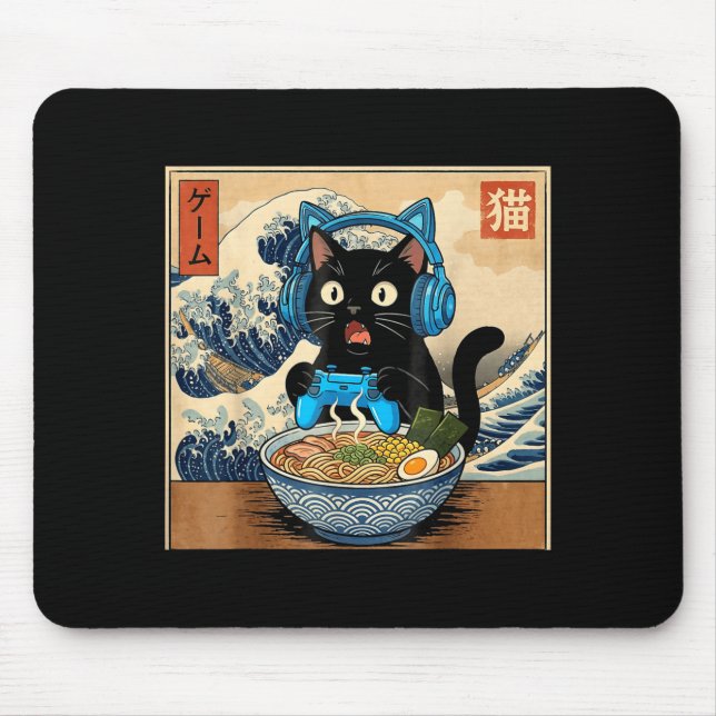 Cute Kawaii Gamer Cat Funny Ramen Japanese Cat Gam Mouse Pad (Front)