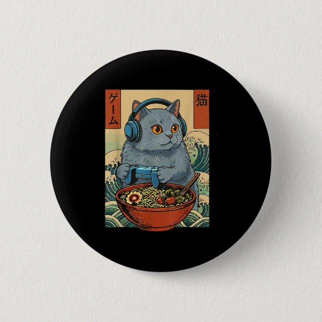 Cute Kawaii Gamer Cat Funny Ramen Retro Japanese C 2 Inch Round Button (Front)