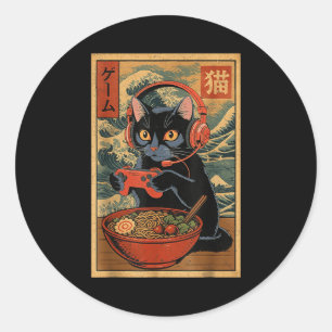Cute Kawaii Gamer Cat Funny Ramen Retro Japanese C Classic Round Sticker