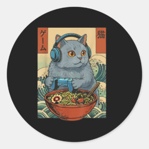 Cute Kawaii Gamer Cat Funny Ramen Retro Japanese C Classic Round Sticker