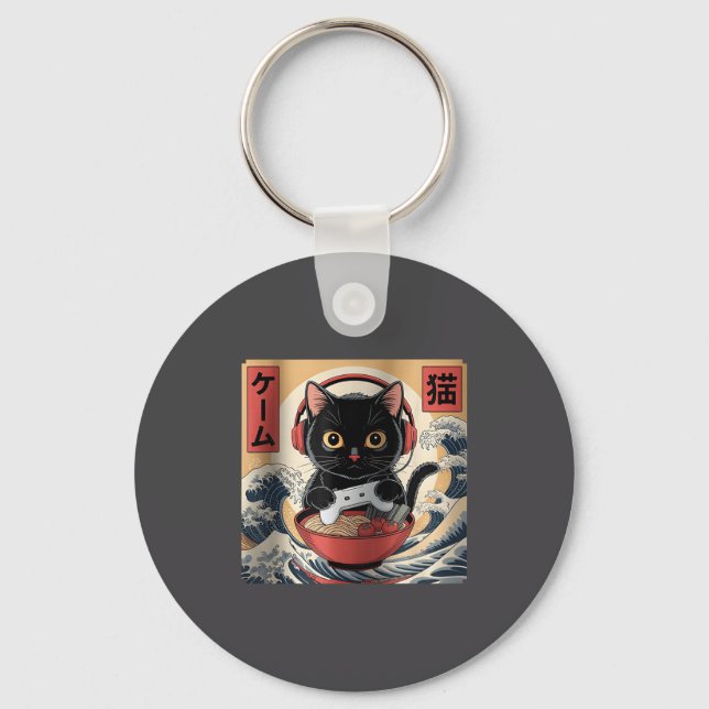 Cute Kawaii Gamer Cat Funny Ramen Retro Japanese C Keychain (Front)