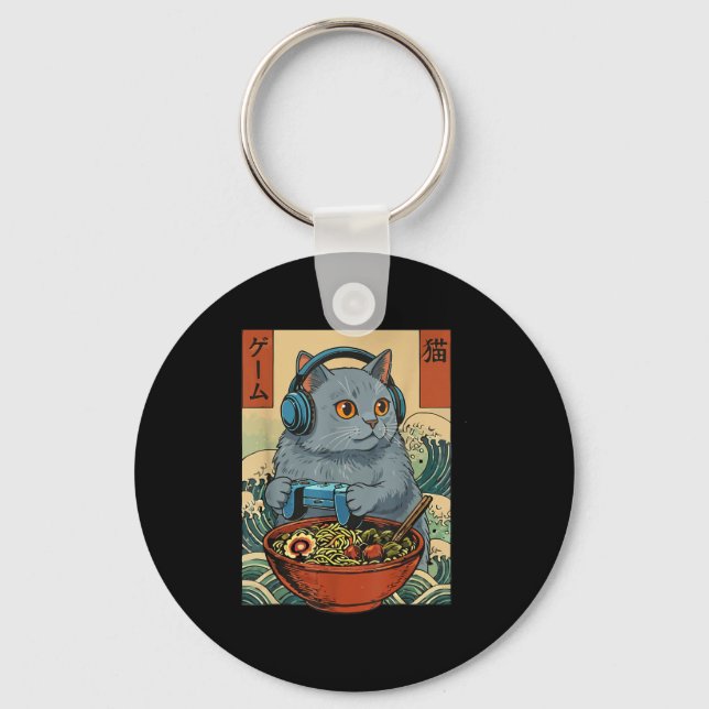 Cute Kawaii Gamer Cat Funny Ramen Retro Japanese C Keychain (Front)