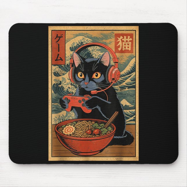 Cute Kawaii Gamer Cat Funny Ramen Retro Japanese C Mouse Pad (Front)