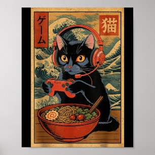 Cute Kawaii Gamer Cat Funny Ramen Retro Japanese C Poster