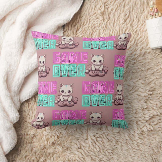 Cute Kawaii Gamer Cat Throw Pillow (Blanket)