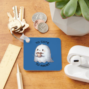 Cute Kawaii Ghost Holding Coffee Watercolor Keychain