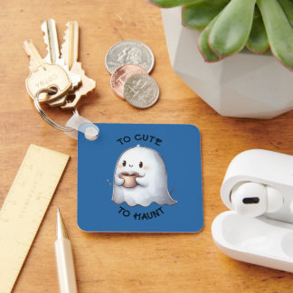 Cute Kawaii Ghost Holding Coffee Watercolor  Keychain