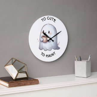 Cute Kawaii Ghost Holding Coffee Watercolor  Large Clock