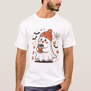 Cute Kawaii Ghost in Orange Beanie with Coffee T-Shirt