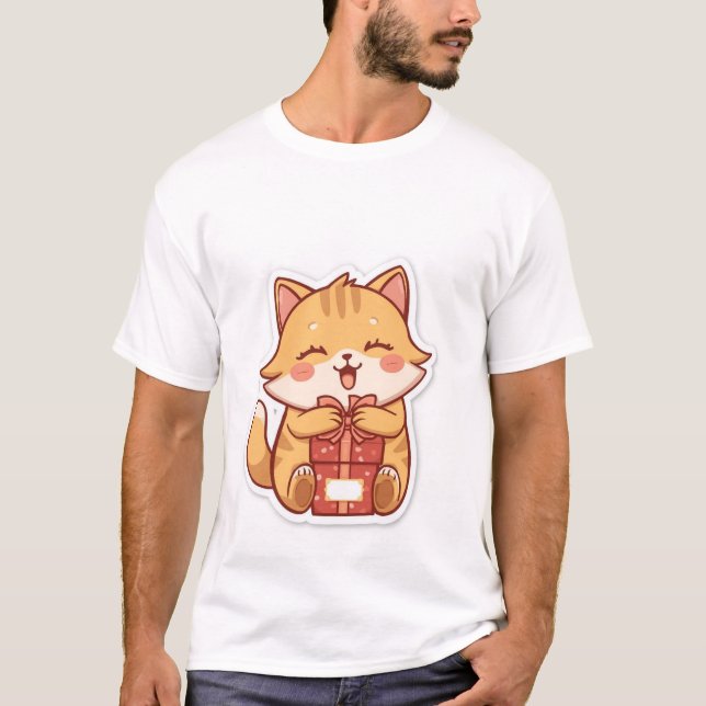Cute Kawaii Ginger Cat Hugging Gift Box  ✨🎁 T-Shirt (Front)