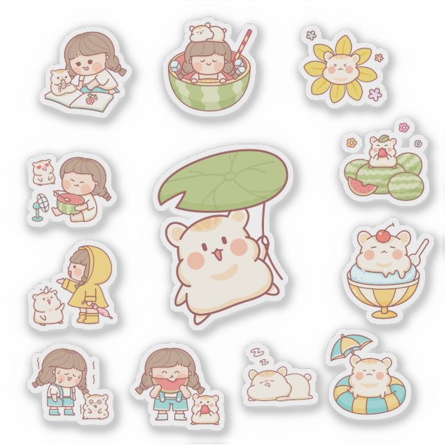 Cute Kawaii Girl and Bear Stickers (Front)