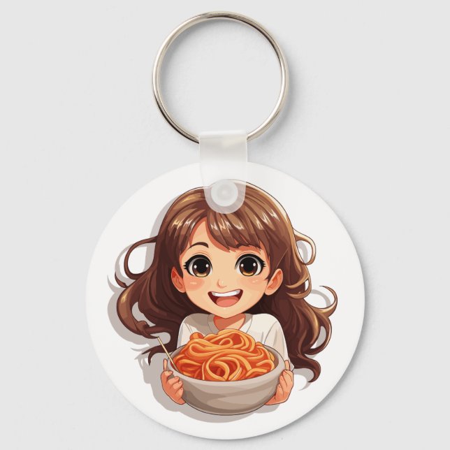 Cute Kawaii Girl Eating Spaghetti Keychain (Front)