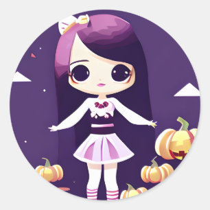 Cute Kawaii Girl with Pumpkins Halloween Classic Round Sticker