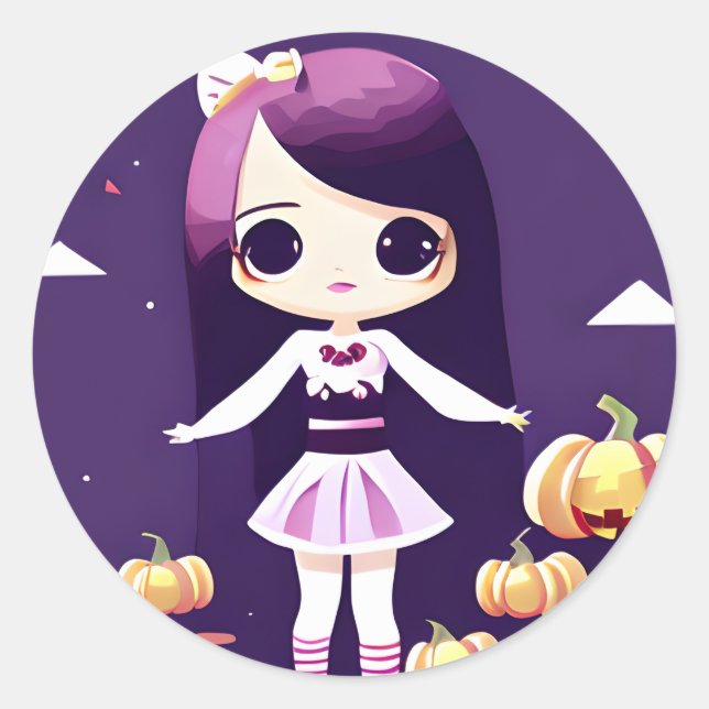 Cute Kawaii Girl with Pumpkins Halloween Classic Round Sticker (Front)
