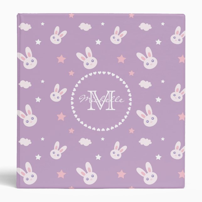 Cute Kawaii Girly Pink Bunny Rabbit Pastel Purple Binder (Front)