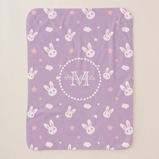 Cute Kawaii Girly Pink Bunny Rabbit Pastel Purple Sherpa Blanket (Front)