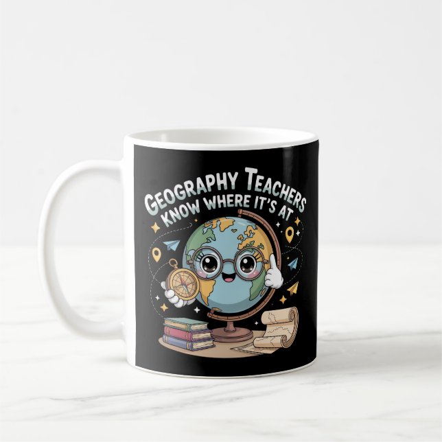 Cute Kawaii Globe with Compass – Funny Geography  Coffee Mug (Left)