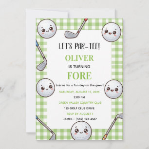 Cute Kawaii Golf Birthday Invitation Green Gingham