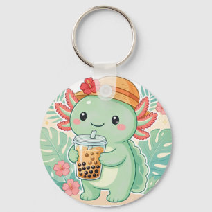 Cute Kawaii Green Axolotl Drinking Boba Tea Keycha Keychain