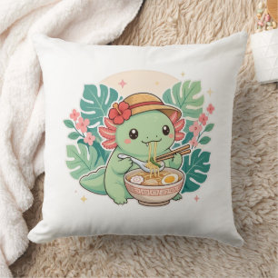 Cute Kawaii Green Axolotl Eating Ramen Noodle Throw Pillow