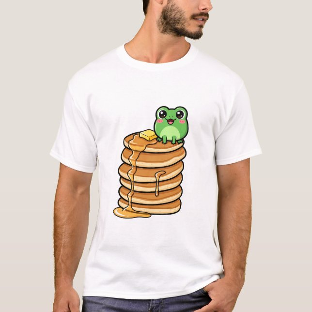 Cute Kawaii Green Frog Sitting on Giant Stack T-Shirt (Front)