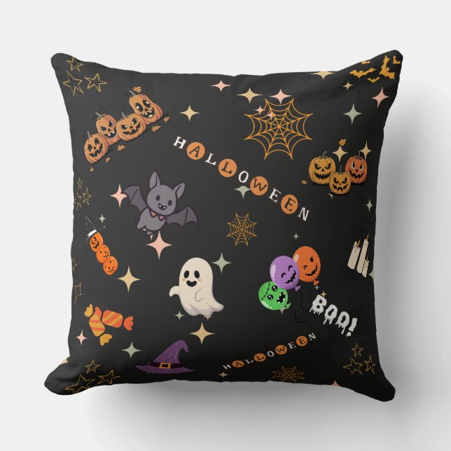 Cute Kawaii Halloween Doodles Spooky Pattern Pillo Throw Pillow (Front)