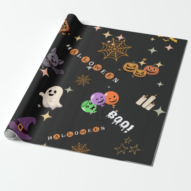 Cute Kawaii Halloween Doodles Spooky Pattern Wrapp Wrapping Paper (Unrolled)