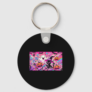 Cute Kawaii Halloween Ghost And Black Cat Art Keychain