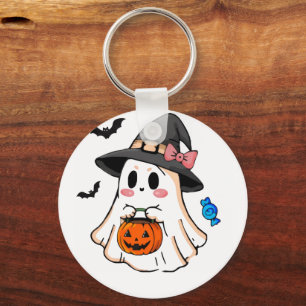 Cute Kawaii Halloween Ghost in Witch Hat with Pump Keychain