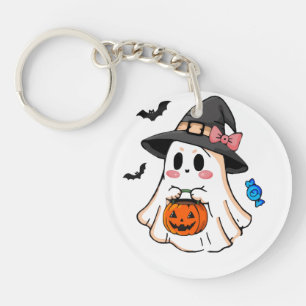 Cute Kawaii Halloween Ghost in Witch Hat with Pump Keychain