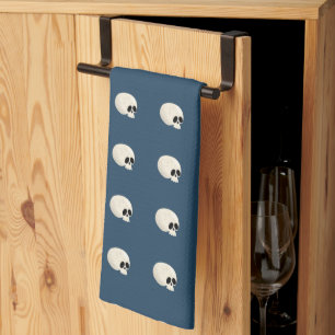 Cute Kawaii Halloween Skull Polka Dots dark blue Kitchen Towel