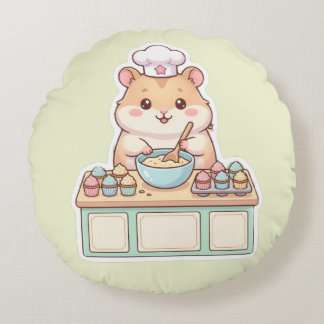 Cute Kawaii Hamster Chef Baking Cupcakes Round Pillow