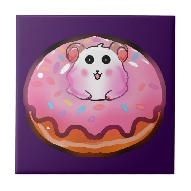 Cute Kawaii Hamster in Pink Frosted Donut Art Tile (Front)
