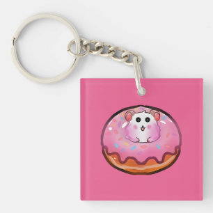 Cute Kawaii Hamster in Pink Frosted Doughnut Art Keychain
