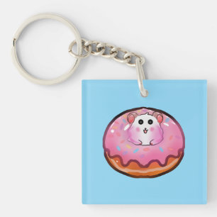 Cute Kawaii Hamster in Pink Frosted Doughnut Art Keychain