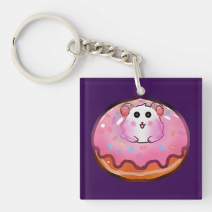 Cute Kawaii Hamster in Pink Frosted Doughnut Art Keychain
