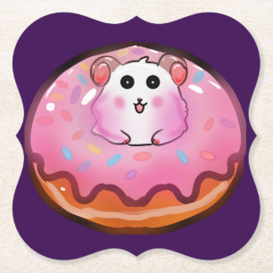 Cute Kawaii Hamster in Pink Frosted Doughnut Art Paper Coaster