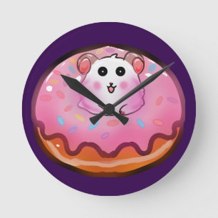 Cute Kawaii Hamster in Pink Frosted Doughnut Art Round Clock