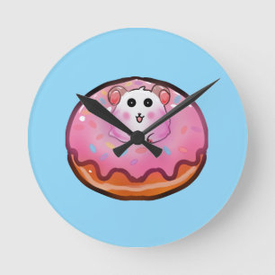 Cute Kawaii Hamster in Pink Frosted Doughnut Art Round Clock