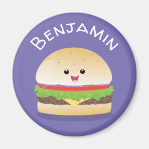 Cute kawaii happy hamburger cartoon illustration magnet