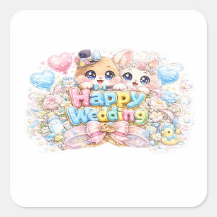 Cute Kawaii Happy Wedding Couple Animals Pastel Pi Square Sticker