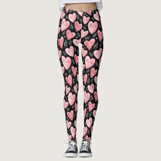 Cute kawaii hearts pink and black pattern leggings
