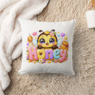 Cute Kawaii Honey Bee Name Pastel Pink Sparkling B Throw Pillow
