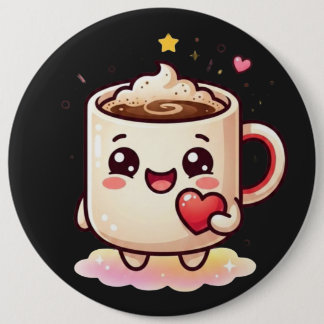 Cute Kawaii Hot Chocolate Mug with Heart Vector Il 6 Inch Round Button